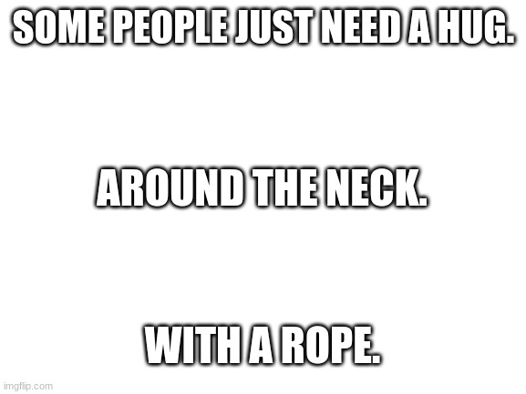 Am I right or am I right? | SOME PEOPLE JUST NEED A HUG. AROUND THE NECK. WITH A ROPE. | image tagged in blank white template | made w/ Imgflip meme maker