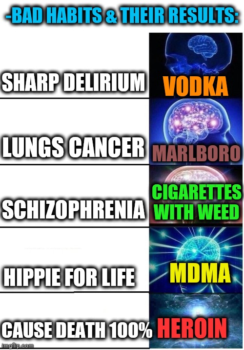 -Declare possessions. | -BAD HABITS & THEIR RESULTS:; SHARP DELIRIUM; VODKA; MARLBORO; LUNGS CANCER; CIGARETTES WITH WEED; SCHIZOPHRENIA; MDMA; HIPPIE FOR LIFE; HEROIN; CAUSE DEATH 100% | image tagged in expanding brain 5 panel,smoke weed everyday,heroin,hard to swallow pills,vodka,cigarettes | made w/ Imgflip meme maker