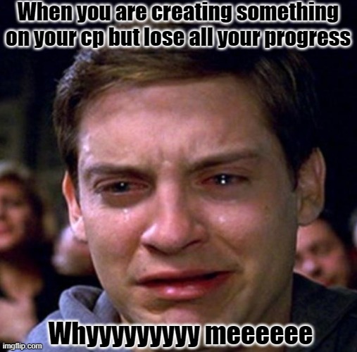 Whyyyyyyyyy | When you are creating something on your cp but lose all your progress; Whyyyyyyyyy meeeeee | image tagged in peter parker cry | made w/ Imgflip meme maker