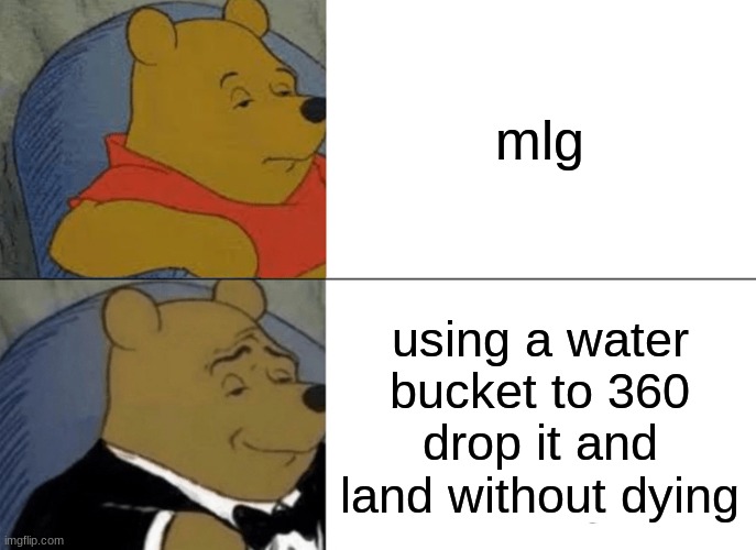 Dream mode: on | mlg; using a water bucket to 360 drop it and land without dying | image tagged in memes,tuxedo winnie the pooh | made w/ Imgflip meme maker