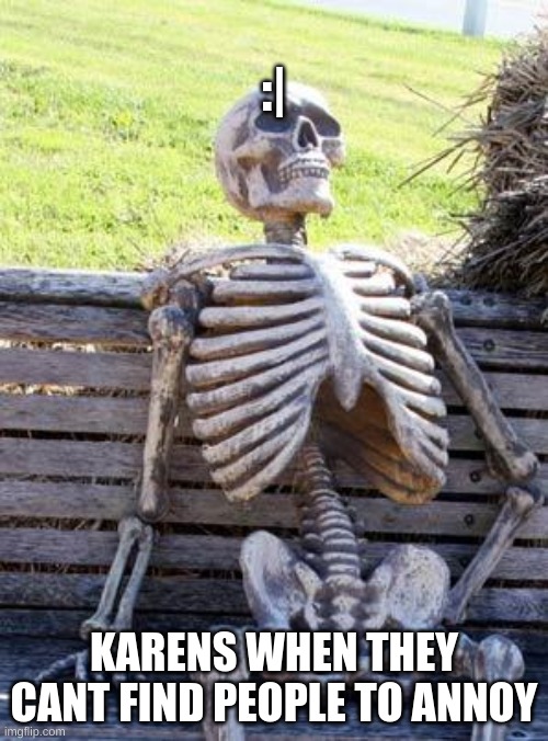 karens suck | :|; KARENS WHEN THEY CANT FIND PEOPLE TO ANNOY | image tagged in memes,waiting skeleton | made w/ Imgflip meme maker