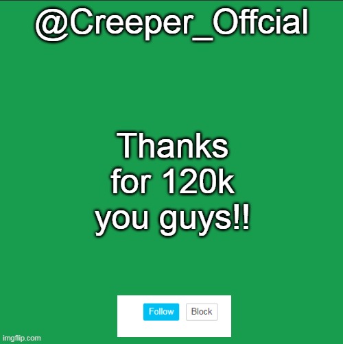 @Creeper_Offcial; Thanks for 120k you guys!! | image tagged in creeper_offcial announcement template | made w/ Imgflip meme maker