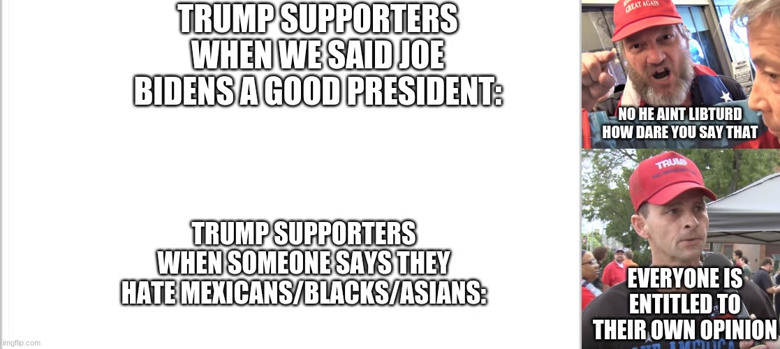 TRUMP SUPPORTERS WHEN WE SAID JOE BIDENS A GOOD PRESIDENT:; NO HE AINT LIBTURD HOW DARE YOU SAY THAT; TRUMP SUPPORTERS WHEN SOMEONE SAYS THEY HATE MEXICANS/BLACKS/ASIANS:; EVERYONE IS ENTITLED TO THEIR OWN OPINION | image tagged in white background,angry trump supporter,trump supporter | made w/ Imgflip meme maker