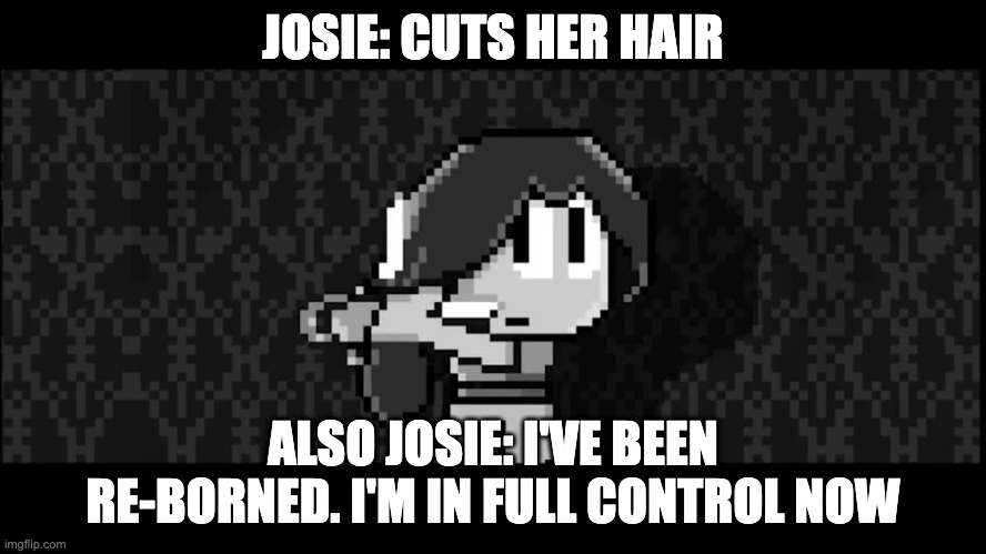 Reference to Annoying Villagers 57 be like: |  JOSIE: CUTS HER HAIR; ALSO JOSIE: I'VE BEEN RE-BORNED. I'M IN FULL CONTROL NOW | image tagged in josie stage 6 dan the man,dan the man,josie dan the man,annoying villagers,mrfudgemonkeyz | made w/ Imgflip meme maker
