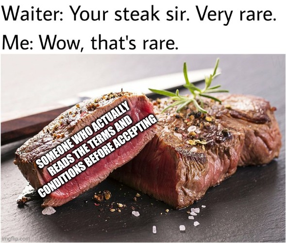 rare steak meme | SOMEONE WHO ACTUALLY READS THE TERMS AND CONDITIONS BEFORE ACCEPTING | image tagged in rare steak meme | made w/ Imgflip meme maker