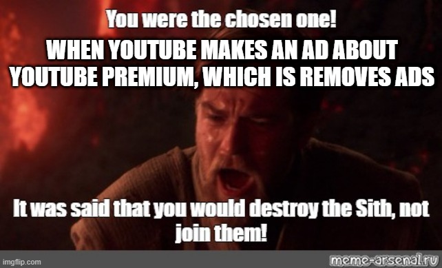 YOU WERE THE CHOSEN ONE! | WHEN YOUTUBE MAKES AN AD ABOUT YOUTUBE PREMIUM, WHICH IS REMOVES ADS | image tagged in you were the chosen one | made w/ Imgflip meme maker