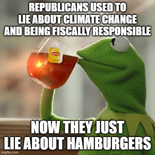 But That's None Of My Business | REPUBLICANS USED TO LIE ABOUT CLIMATE CHANGE AND BEING FISCALLY RESPONSIBLE; NOW THEY JUST LIE ABOUT HAMBURGERS | image tagged in memes,but that's none of my business,kermit the frog | made w/ Imgflip meme maker