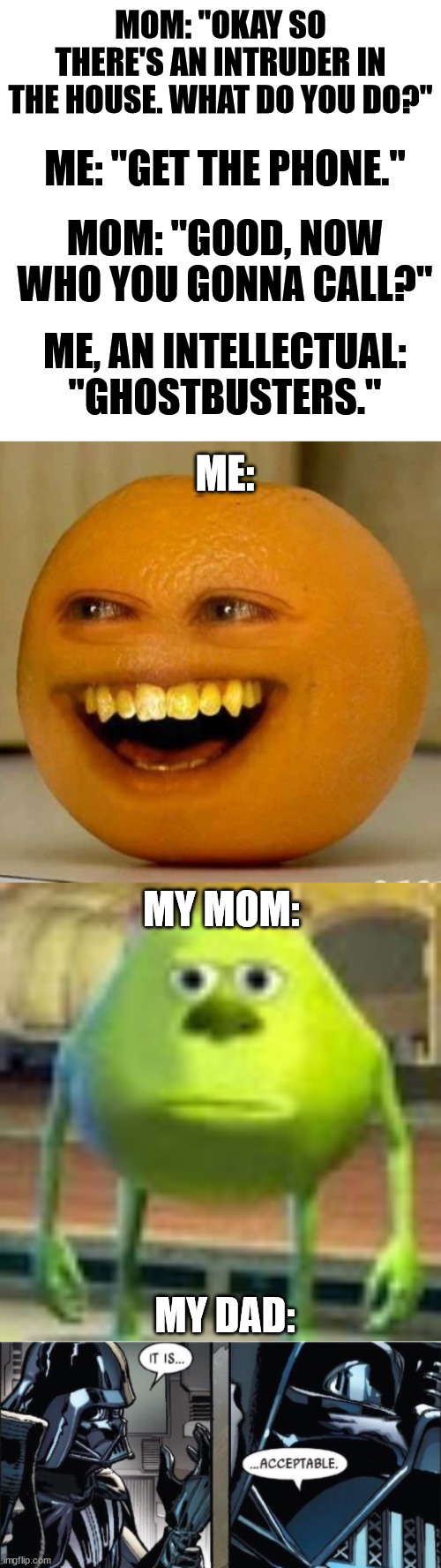 Dads are cool like that | MOM: "OKAY SO THERE'S AN INTRUDER IN THE HOUSE. WHAT DO YOU DO?"; ME: "GET THE PHONE."; MOM: "GOOD, NOW WHO YOU GONNA CALL?"; ME:; ME, AN INTELLECTUAL: "GHOSTBUSTERS."; MY MOM:; MY DAD: | image tagged in annoying orange,sully wazowski,it is acceptable,ghostbusters | made w/ Imgflip meme maker