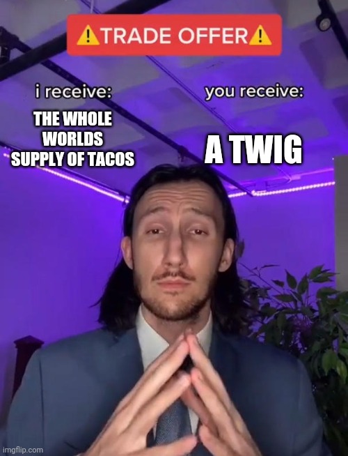 Trade Offer | A TWIG; THE WHOLE WORLDS SUPPLY OF TACOS | image tagged in trade offer | made w/ Imgflip meme maker