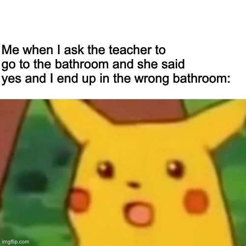 Surprised Pikachu Meme | Me when I ask the teacher to go to the bathroom and she said yes and I end up in the wrong bathroom: | image tagged in memes,surprised pikachu | made w/ Imgflip meme maker