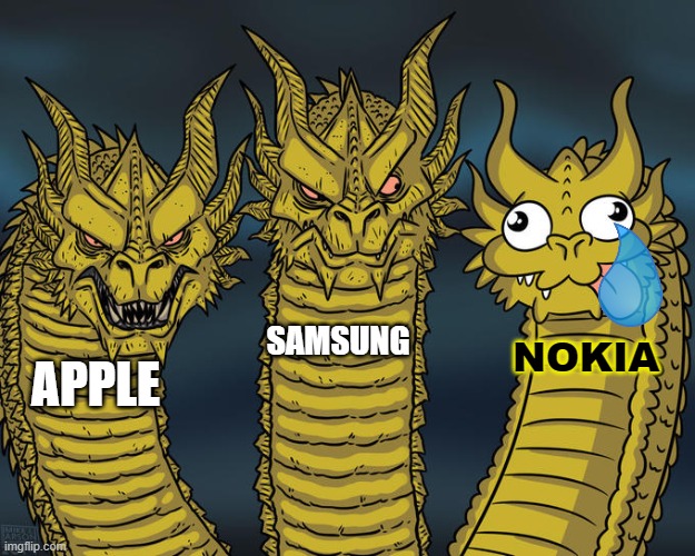 phones in a nutshell | SAMSUNG; NOKIA; APPLE | image tagged in three-headed dragon | made w/ Imgflip meme maker