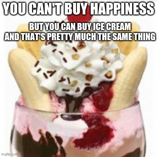 ice cream sundae  | YOU CAN'T BUY HAPPINESS; BUT YOU CAN BUY ICE CREAM AND THAT'S PRETTY MUCH THE SAME THING | image tagged in ice cream sundae | made w/ Imgflip meme maker