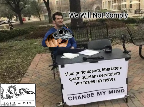 If we allow it, Every veteran died in vain. | We Will Not Comply; Malo periculosam, libertatem 
quam quietam servitutem
תעשה מה שאתה חייב. | image tagged in memes,change my mind,veterans,face mask,thomas had never seen such bullshit before,stand up | made w/ Imgflip meme maker