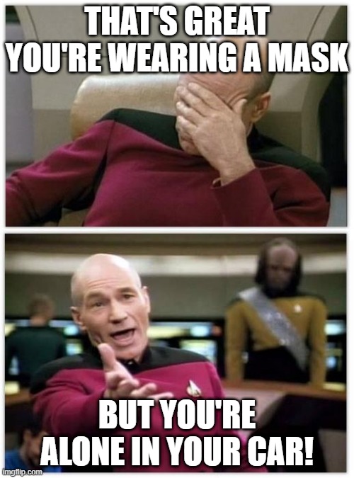 Picard frustrated | THAT'S GREAT YOU'RE WEARING A MASK; BUT YOU'RE ALONE IN YOUR CAR! | image tagged in picard frustrated | made w/ Imgflip meme maker