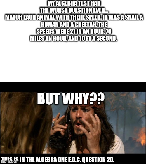 This isnt algebra... | MY ALGEBRA TEST HAD THE WORST QUESTION EVER...

MATCH EACH ANIMAL WITH THERE SPEED. IT WAS A SNAIL A HUMAN AND A CHEETAH. THE SPEEDS WERE 21 IN AN HOUR, 70 MILES AN HOUR, AND 10 FT A SECOND. BUT WHY?? THIS IS IN THE ALGEBRA ONE E.O.C. QUESTION 20. | image tagged in but why is the rum | made w/ Imgflip meme maker