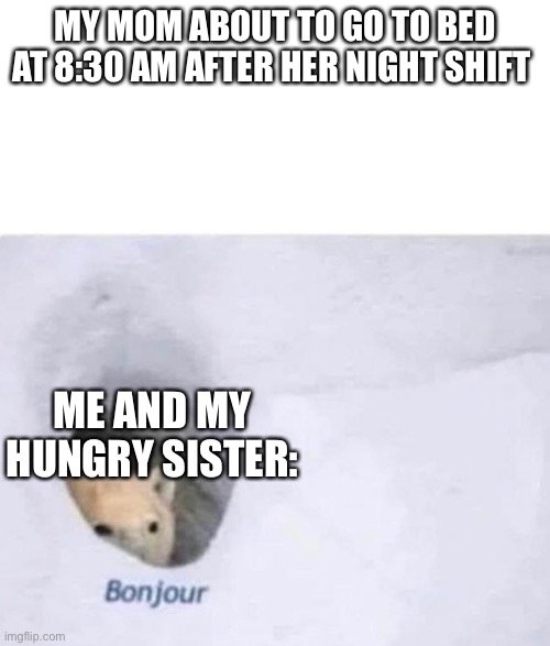 Bonjour | MY MOM ABOUT TO GO TO BED AT 8:30 AM AFTER HER NIGHT SHIFT; ME AND MY HUNGRY SISTER: | image tagged in bonjour,relatable,funni | made w/ Imgflip meme maker