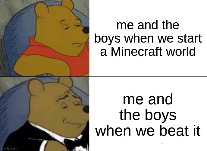 Tuxedo Winnie The Pooh | me and the boys when we start a Minecraft world; me and the boys when we beat it | image tagged in memes,tuxedo winnie the pooh | made w/ Imgflip meme maker