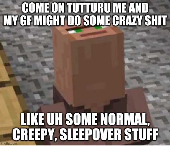 Minecraft Villager Looking Up | COME ON TUTTURU ME AND MY GF MIGHT DO SOME CRAZY SHIT; LIKE UH SOME NORMAL, CREEPY, SLEEPOVER STUFF | image tagged in minecraft villager looking up | made w/ Imgflip meme maker