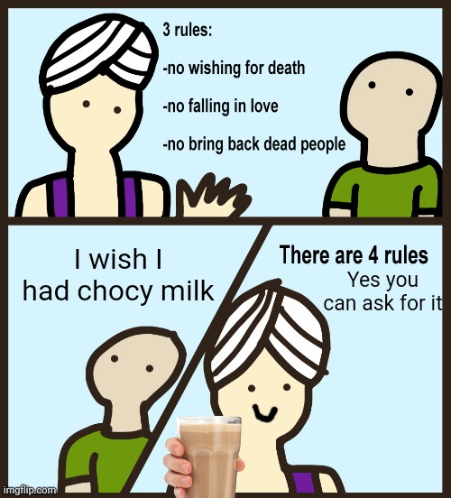Genie Rules Meme | I wish I had chocy milk; Yes you can ask for it | image tagged in genie rules meme | made w/ Imgflip meme maker