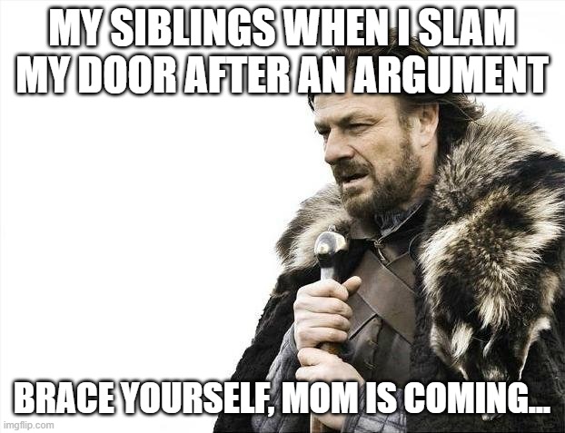 Brace Yourselves X is Coming Meme | MY SIBLINGS WHEN I SLAM MY DOOR AFTER AN ARGUMENT; BRACE YOURSELF, MOM IS COMING... | image tagged in memes,brace yourselves x is coming,mom | made w/ Imgflip meme maker