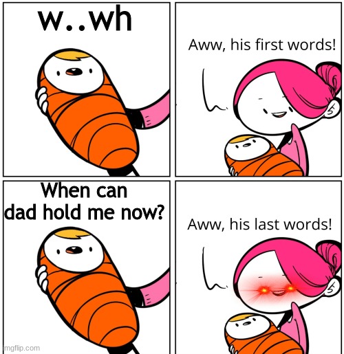 Aww, His Last Words | w..wh; When can dad hold me now? | image tagged in aww his last words | made w/ Imgflip meme maker