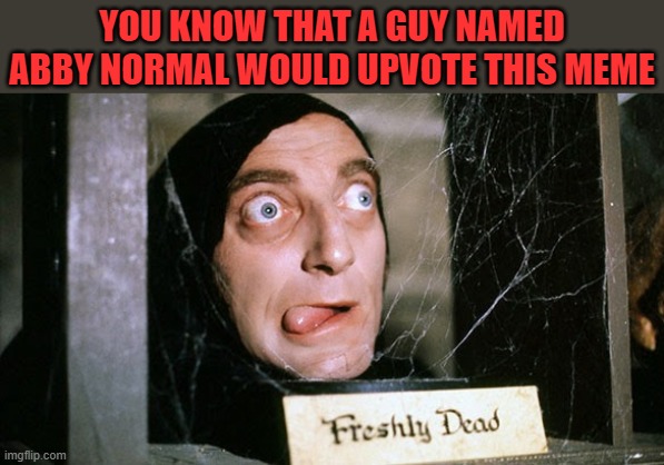 Young Frankenstein Marty Feldman | YOU KNOW THAT A GUY NAMED ABBY NORMAL WOULD UPVOTE THIS MEME | image tagged in young frankenstein marty feldman | made w/ Imgflip meme maker