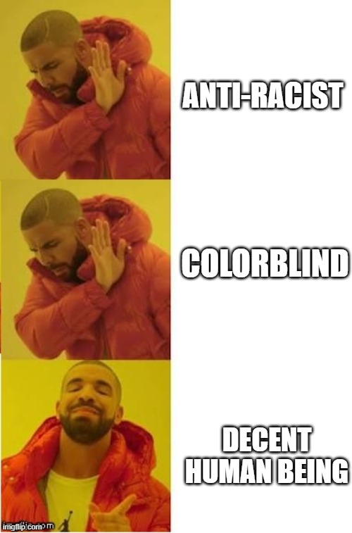 I've said it before and I'll say it again:  Be a decent human being and you'll get along just fine | ANTI-RACIST; COLORBLIND; DECENT HUMAN BEING | image tagged in drake no no yes,racism,human | made w/ Imgflip meme maker