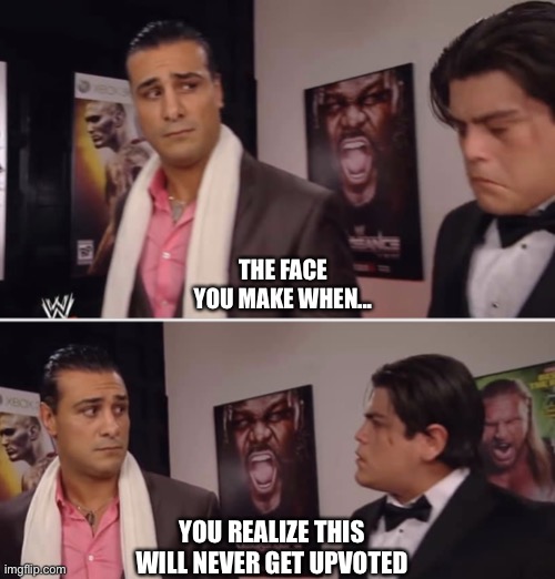 The face you make when... | THE FACE YOU MAKE WHEN... YOU REALIZE THIS WILL NEVER GET UPVOTED | image tagged in what was said again,wwe | made w/ Imgflip meme maker