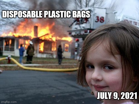 Promoting disposable Bag Ban | DISPOSABLE PLASTIC BAGS; JULY 9, 2021 | image tagged in memes,disaster girl | made w/ Imgflip meme maker