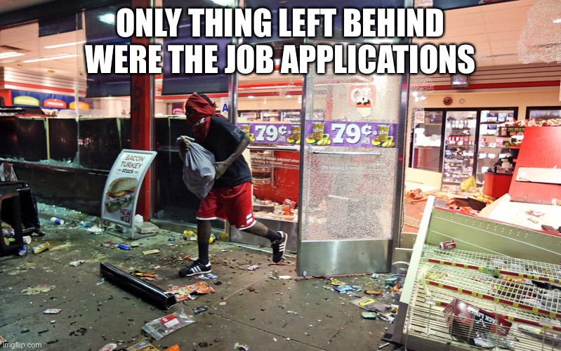 Looting |  ONLY THING LEFT BEHIND WERE THE JOB APPLICATIONS | image tagged in looting,looters | made w/ Imgflip meme maker