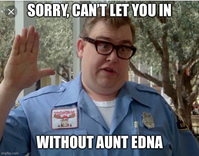 John Candy National Lampoon Vacation Guard | SORRY, CAN’T LET YOU IN WITHOUT AUNT EDNA | image tagged in john candy national lampoon vacation guard | made w/ Imgflip meme maker