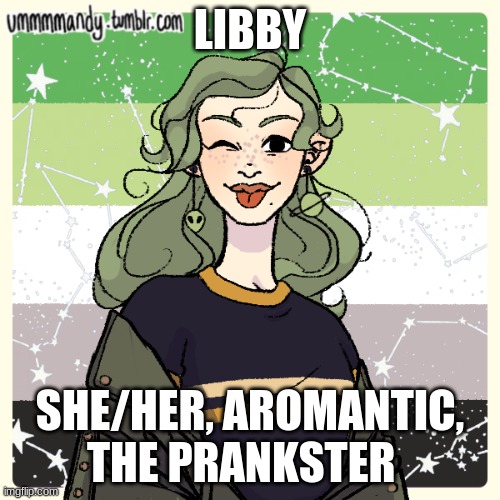 Picrew 3: Libby | LIBBY; SHE/HER, AROMANTIC, THE PRANKSTER | image tagged in picrew | made w/ Imgflip meme maker