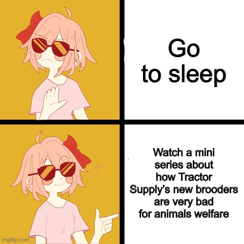 Trans Drake | Go to sleep; Watch a mini series about how Tractor Supply’s new brooders are very bad for animals welfare | image tagged in trans drake | made w/ Imgflip meme maker