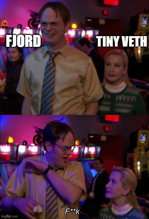 Angela scared Dwight | TINY VETH; FJORD | image tagged in angela scared dwight | made w/ Imgflip meme maker