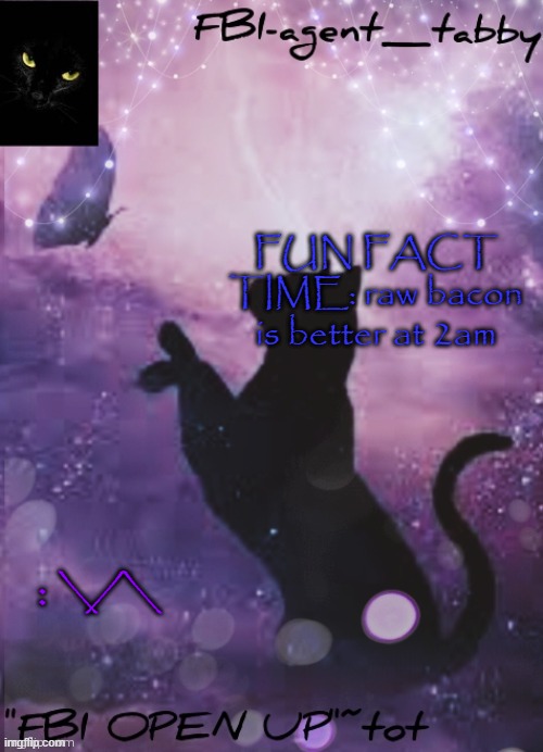 *continues to eats* | FUN FACT TIME: raw bacon is better at 2am; : \/\ | image tagged in fbi tabby's announcement temp | made w/ Imgflip meme maker