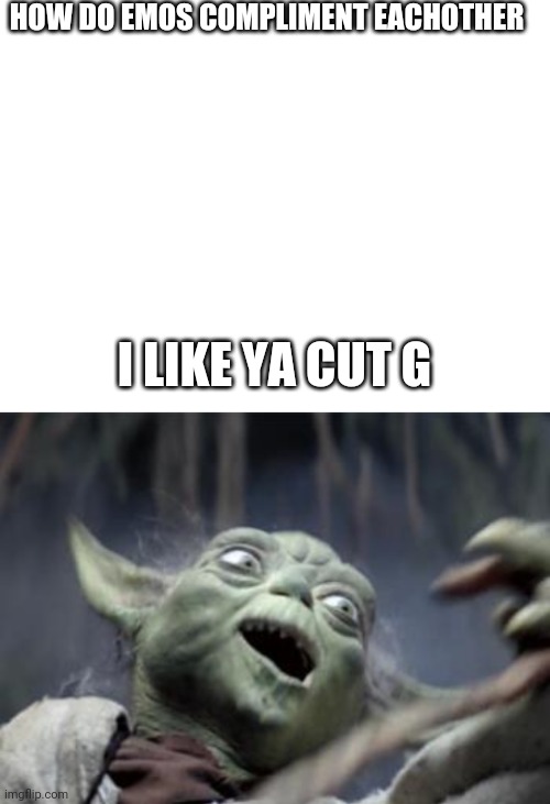 HOW DO EMOS COMPLIMENT EACHOTHER; I LIKE YA CUT G | image tagged in blank white template,funny joke yoda | made w/ Imgflip meme maker