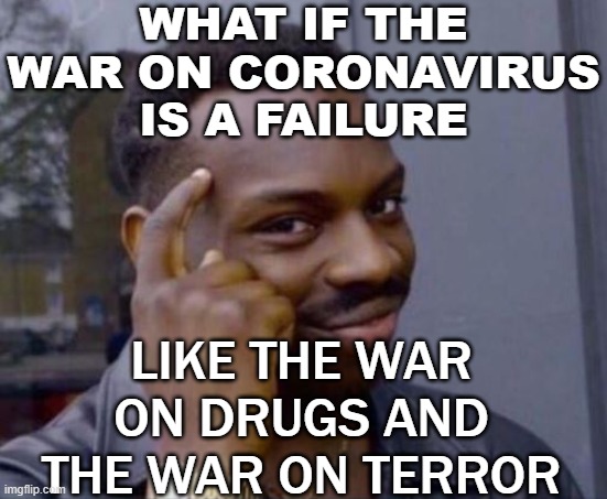 What if the war on coronavirus is a failure; like the War on Drugs and the War on Terror | WHAT IF THE WAR ON CORONAVIRUS
IS A FAILURE; LIKE THE WAR ON DRUGS AND THE WAR ON TERROR | image tagged in black guy pointing at head | made w/ Imgflip meme maker