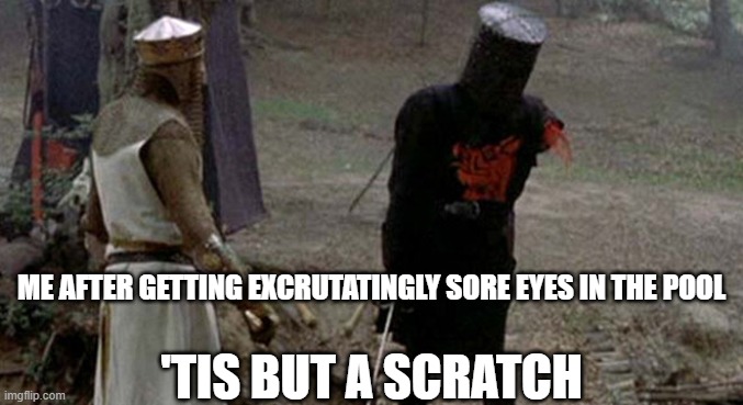 Tis but a scratch | ME AFTER GETTING EXCRUTATINGLY SORE EYES IN THE POOL; 'TIS BUT A SCRATCH | image tagged in tis but a scratch | made w/ Imgflip meme maker