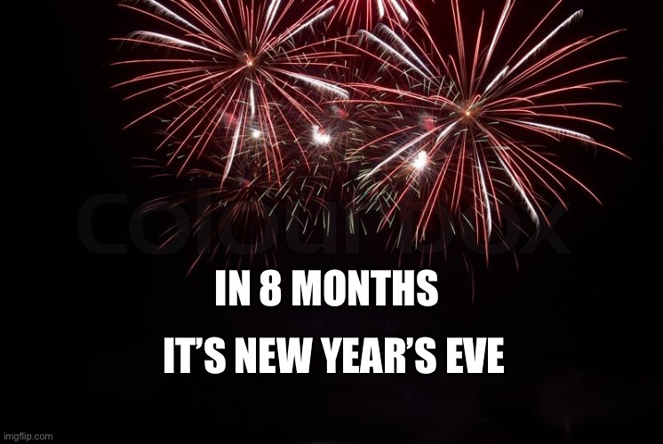 New year | IT’S NEW YEAR’S EVE; IN 8 MONTHS | image tagged in happy new year | made w/ Imgflip meme maker