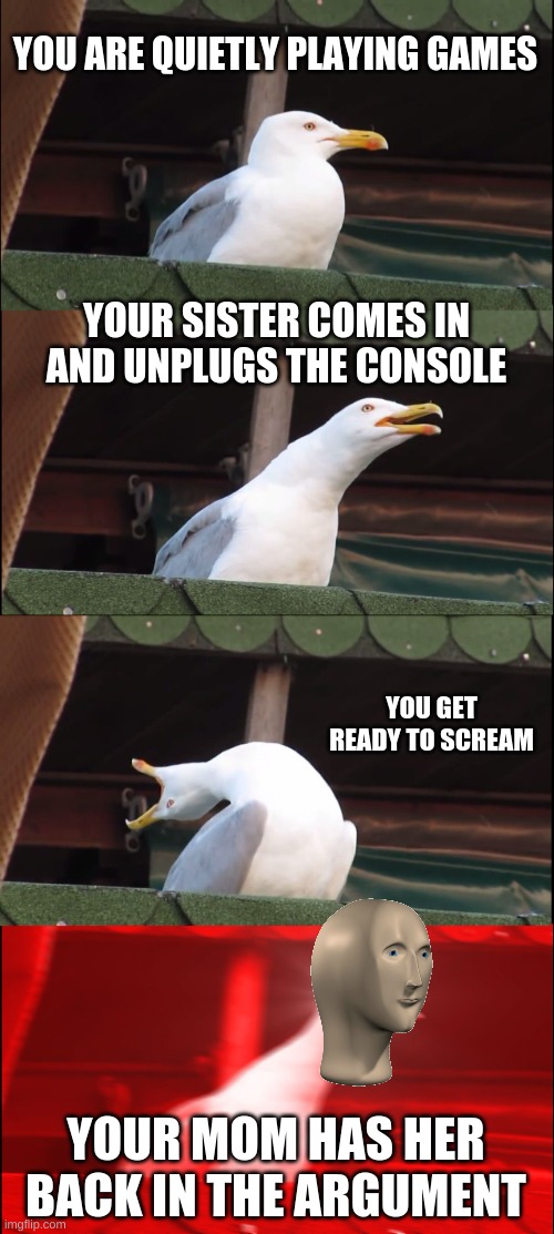 Not stonks | YOU ARE QUIETLY PLAYING GAMES; YOUR SISTER COMES IN AND UNPLUGS THE CONSOLE; YOU GET READY TO SCREAM; YOUR MOM HAS HER BACK IN THE ARGUMENT | image tagged in memes,inhaling seagull | made w/ Imgflip meme maker