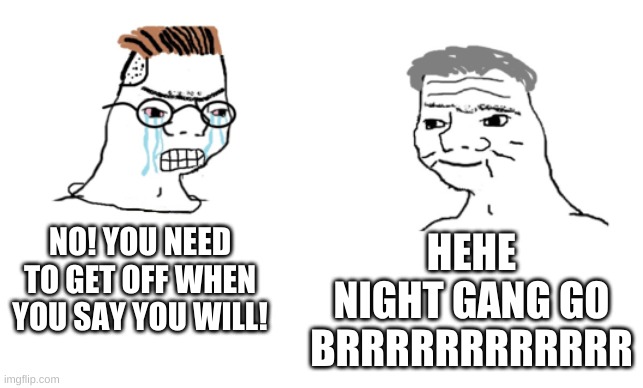 idek | HEHE NIGHT GANG GO BRRRRRRRRRRRR; NO! YOU NEED TO GET OFF WHEN YOU SAY YOU WILL! | image tagged in e | made w/ Imgflip meme maker