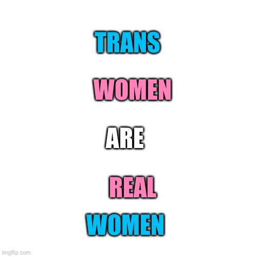 Trans. Women. Are. Real. Women! | TRANS; WOMEN; ARE; REAL; WOMEN | image tagged in memes,blank transparent square | made w/ Imgflip meme maker