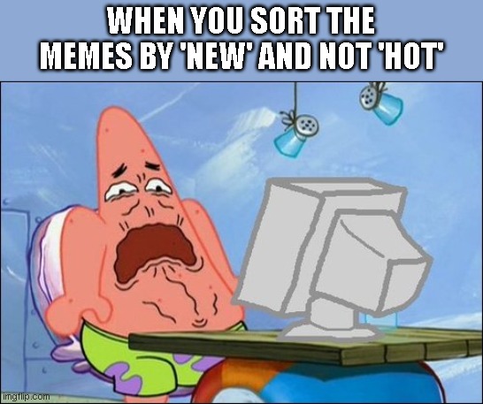Patrick Star cringing |  WHEN YOU SORT THE MEMES BY 'NEW' AND NOT 'HOT' | image tagged in patrick star cringing | made w/ Imgflip meme maker