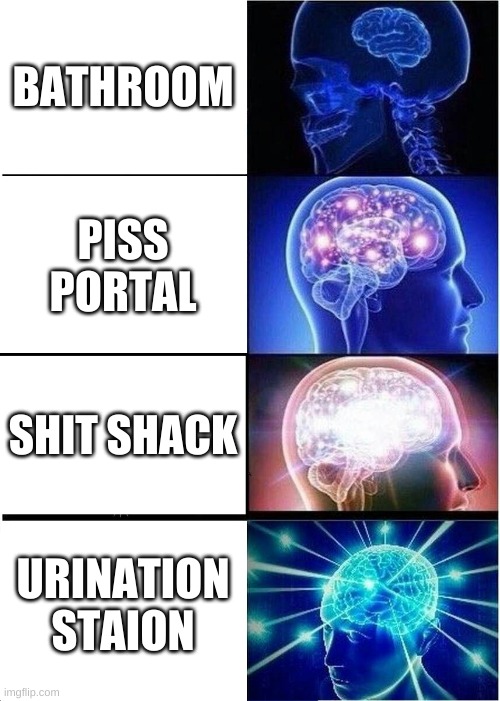 Expanding Brain | BATHROOM; PISS PORTAL; SHIT SHACK; URINATION STAION | image tagged in memes,expanding brain | made w/ Imgflip meme maker