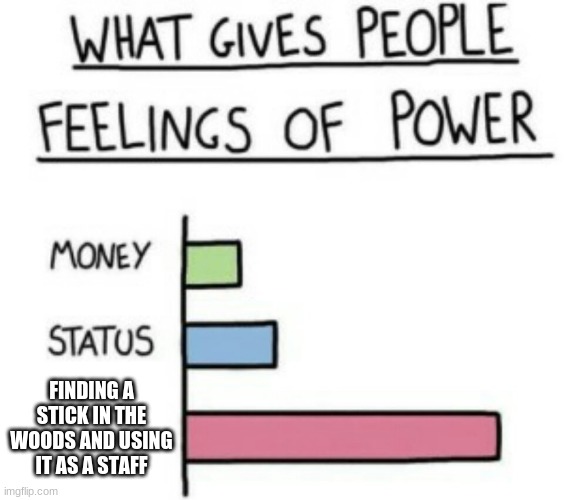 Me at 6 | FINDING A STICK IN THE WOODS AND USING IT AS A STAFF | image tagged in what gives people feelings of power,memes,funny,funny memes | made w/ Imgflip meme maker