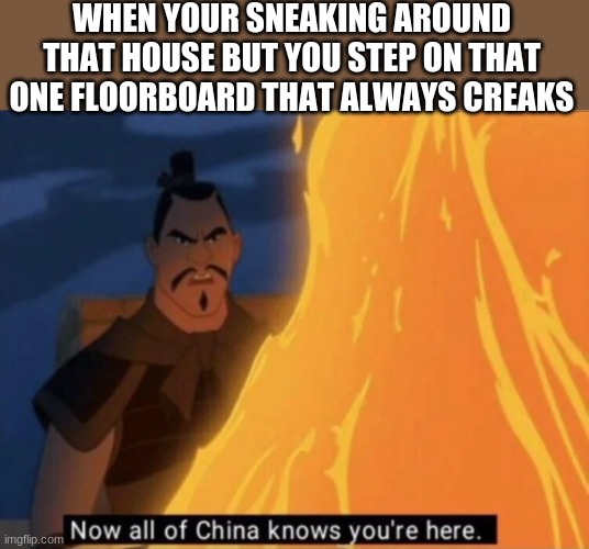 Oops | WHEN YOUR SNEAKING AROUND THAT HOUSE BUT YOU STEP ON THAT ONE FLOORBOARD THAT ALWAYS CREAKS | image tagged in now all of china knows you're here | made w/ Imgflip meme maker