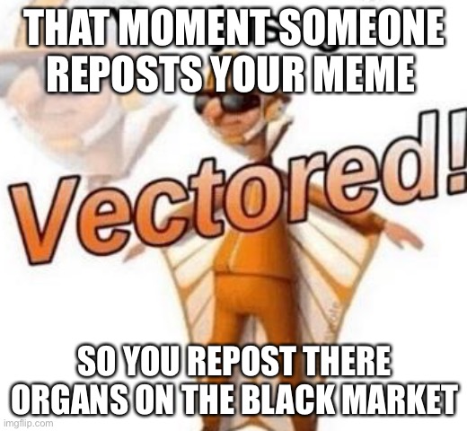 Eat a elephant |  THAT MOMENT SOMEONE REPOSTS YOUR MEME; SO YOU REPOST THERE ORGANS ON THE BLACK MARKET | image tagged in you just got vectored | made w/ Imgflip meme maker