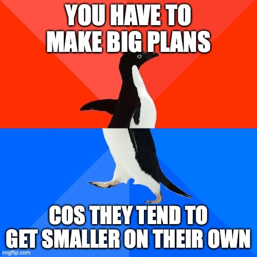 Big Plans | YOU HAVE TO MAKE BIG PLANS; COS THEY TEND TO GET SMALLER ON THEIR OWN | image tagged in memes,socially awesome awkward penguin | made w/ Imgflip meme maker