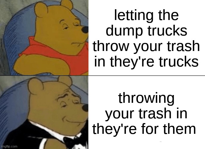 ... | letting the dump trucks throw your trash in they're trucks; throwing your trash in they're for them | image tagged in memes,tuxedo winnie the pooh | made w/ Imgflip meme maker