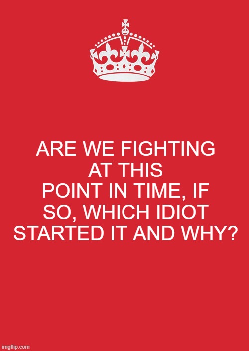 Are we doing something? | ARE WE FIGHTING AT THIS POINT IN TIME, IF SO, WHICH IDIOT STARTED IT AND WHY? | image tagged in memes,keep calm and carry on red | made w/ Imgflip meme maker
